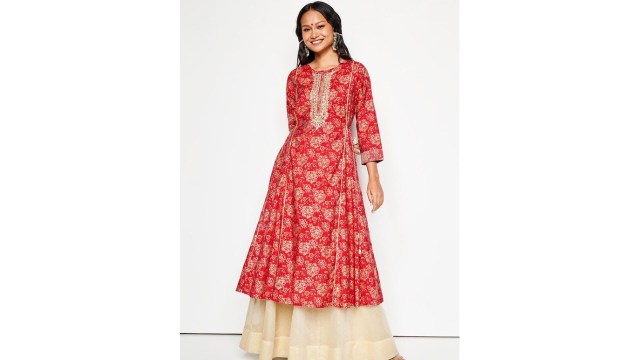 Global DesiFloral Printed Thread Work Anarkali Kurta