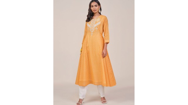 Global DesiGeometric Printed Thread Work Pure Cotton Anarkali Kurta