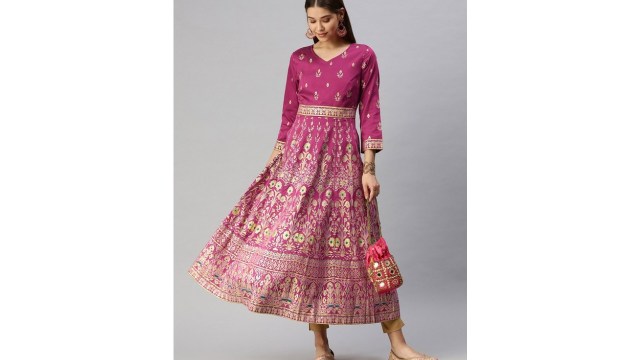 Global DesiWomen Purple & Gold-Toned Floral Printed Anarkali Kurta