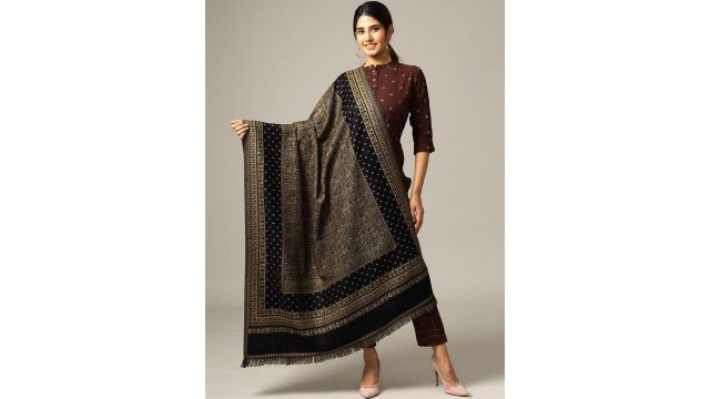 HANDICRAFT PALACE Women Black & Beige Woven-Design Shawl