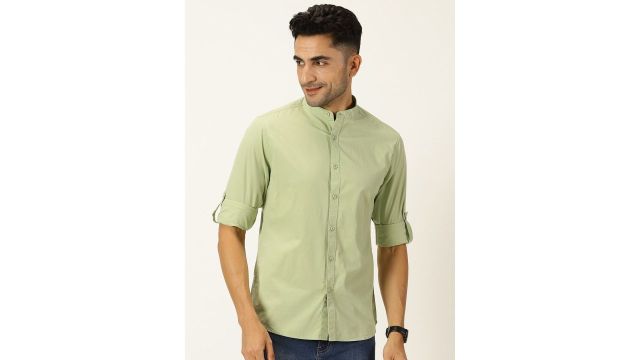 HERE&NOW Classic Slim Fit Band Collar Pure Cotton Casual Shirt