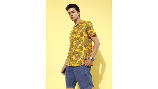 HERE&NOW Men Charming Tropical Resort Wear Shirt (Mustard/Navy)