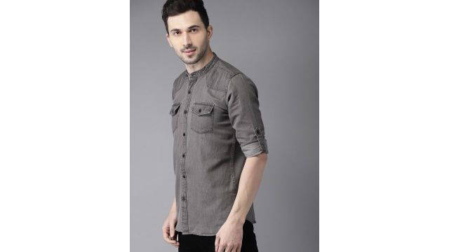 HERE&NOW Men Grey Slim‑Fit Denim Shirt