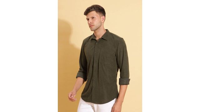 HERE&NOW Spread Collar Slim Fit Corduroy Casual Shirt