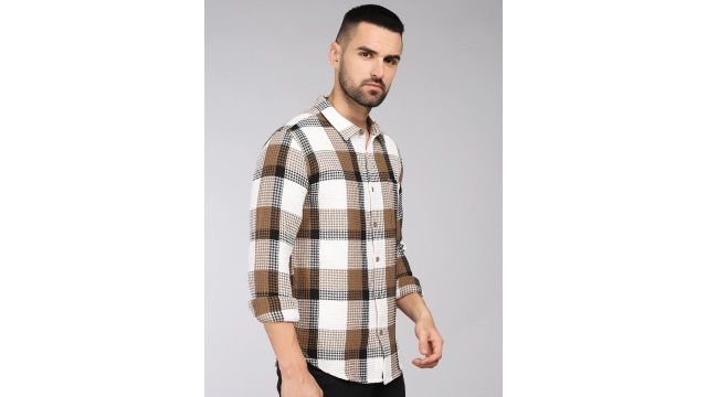 HERE&NOW Tartan Checks Spread Collar Slim Fit Cotton Casual Shirt