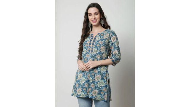 HERE&NOW Women Floral Printed Cotton Kurti (Blue, A‑Line)