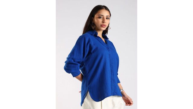 HERE&NOW Women Oversized Fit Solid Spread Collar Cotton Shirt