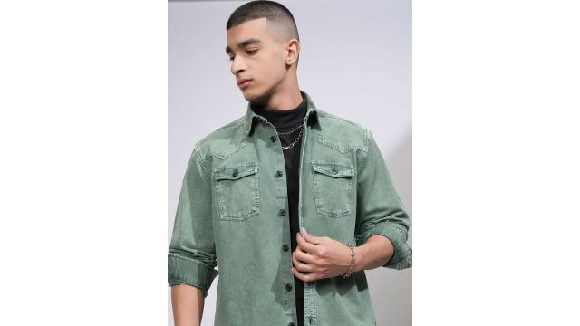 HIGHLANDERMen Oversized Dyed Washed Western Yoke Utility Pocket Denim Overshirt