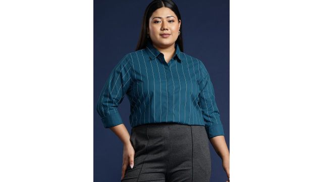 Hancock Women Plus Size Striped Formal Shirt (Turquoise)