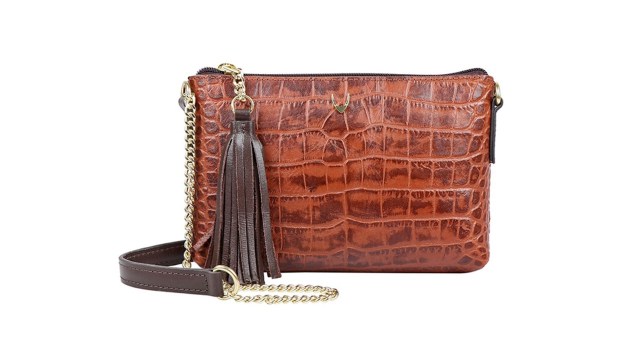 HidesignTan Brown Croc Textured Leather Sling Bag