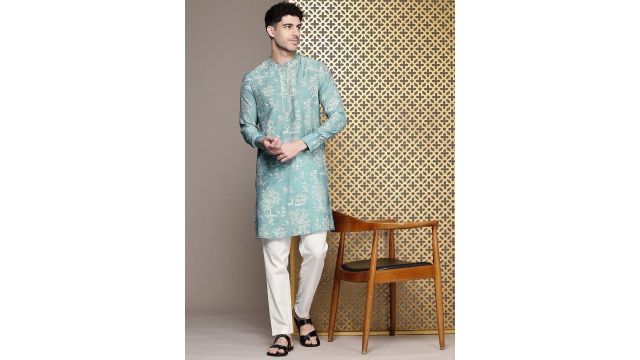 House of Pataudi Jashn Floral Printed Zari Kurta with Trousers (Blue)