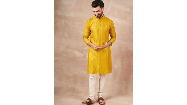 House of Pataudi Liva Straight Kurta with Embroidery (Mustard)
