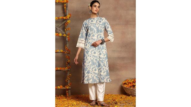 INDYA Floral Printed Mandarin Collar Cotton A-Line Kurta