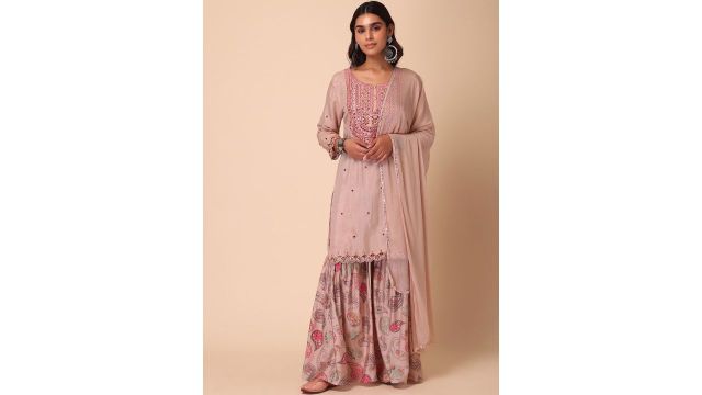 INDYA Printed Short Kurta With Sharara & Dupatta Set