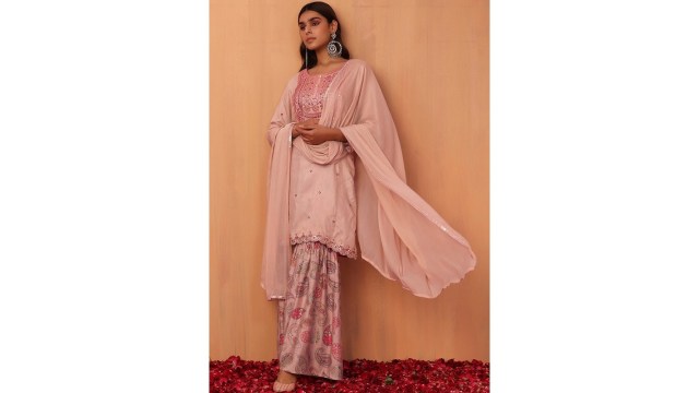 INDYAPrinted Short Kurta With Sharara & Dupatta Set