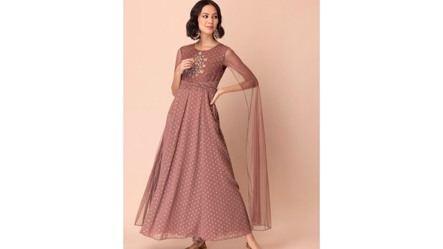INDYAWomen Mauve & Gold-Toned Floral Embroidered Flared Sleeves Thread Work Georgette Anarkali Kurta