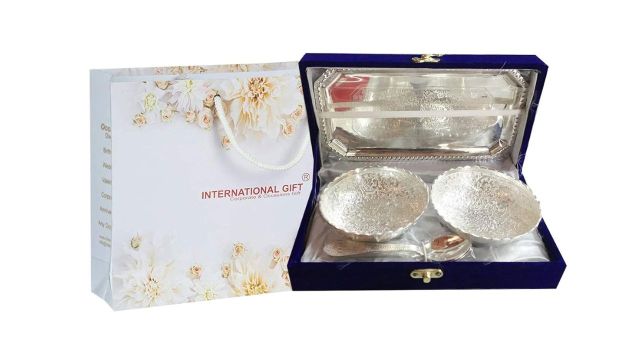 INTERNATIONAL GIFT German Silver Brass Two Bowl with Two Spoon and with Single Tray