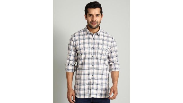 Indian Terrain Classic Slim Fit Tartan Checked Spread Collar Long Sleeves Casual Shirt
