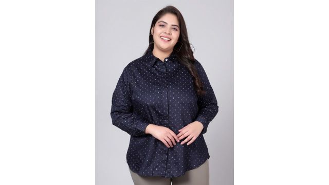 Indietoga Classic Slim Fit Printed Plus Size Cotton Shirt (Navy Polka)