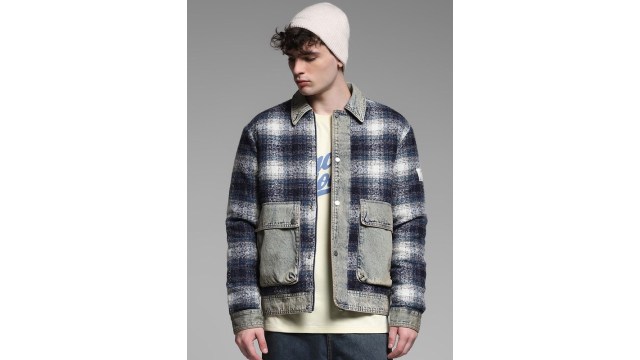 Jack & JonesMen Spread Collar Checked Casual Denim Jacket