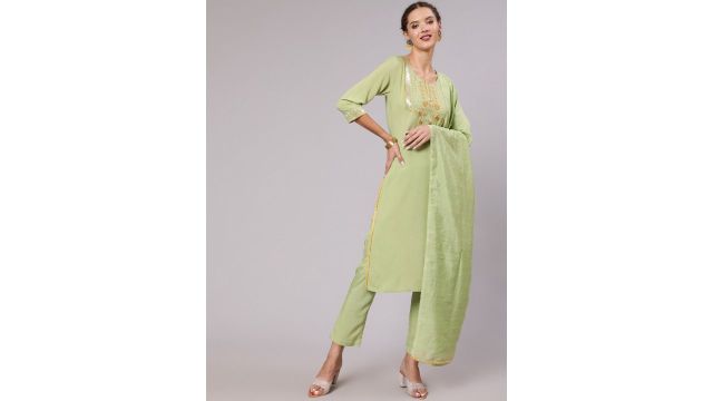Jaipur Kurti Green Sequinned Embellished Regular Kurta with Trousers & Dupatta