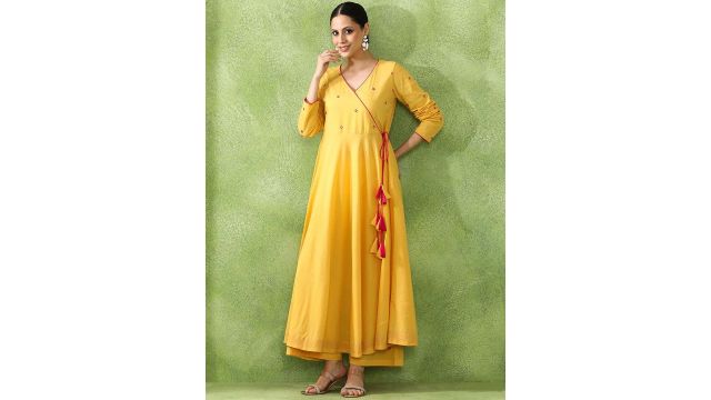 Jaipur Kurti Women Embroidered Angrakha Mirror Work Pure Cotton Kurta with Trousers