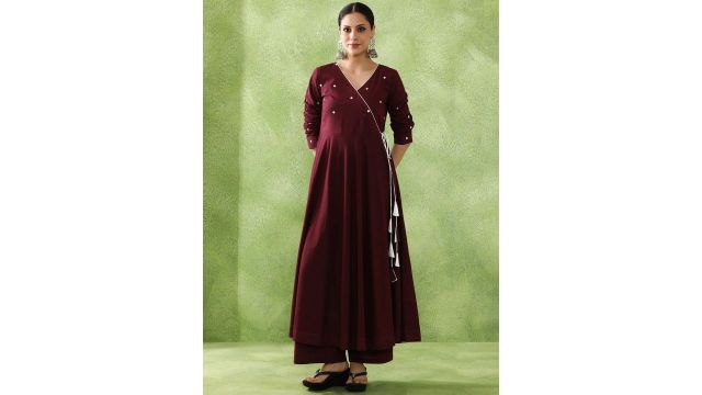 Jaipur Kurti Women Embroidered Angrakha Pure Cotton Kurta with Palazzos