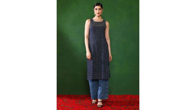 Jaipur Kurti Women Geometric Printed Fusion Cotton Straight Kurta