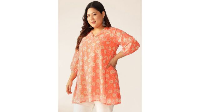 Janasya Women's Plus Size Peach Georgette Floral Printed A-line Tunic