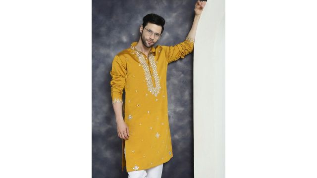 Jompers Geometric Embroidered Mirror Work Cotton‑Silk Kurta (Mustard)