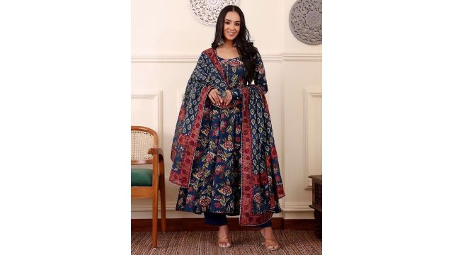 KALINI Floral Printed Anarkali Kurta with Trousers & Dupatta