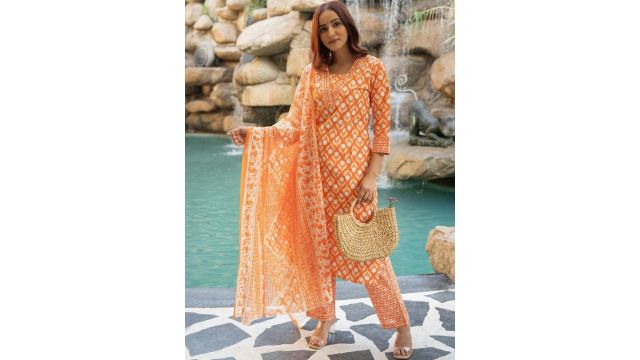 KALINI Women Orange Pure Cotton Kurta Set