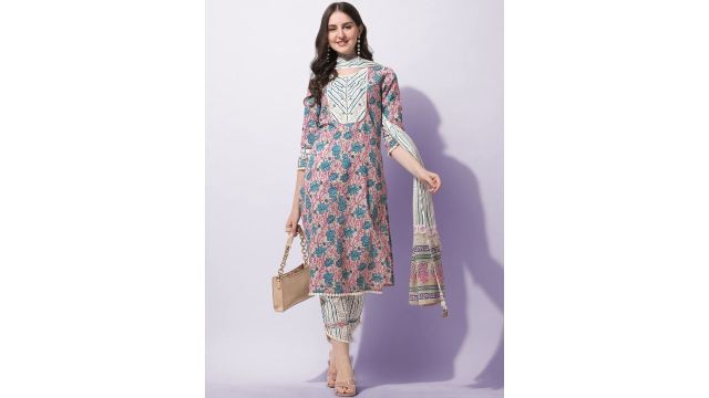 KALINI Women Plus Size Cream‑Coloured Ethnic Motifs Printed Pure Cotton Kurta Set