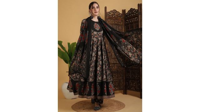 KIMAYRA Floral Printed Anarkali Pure Cotton Kurta With Palazzos And Dupatta