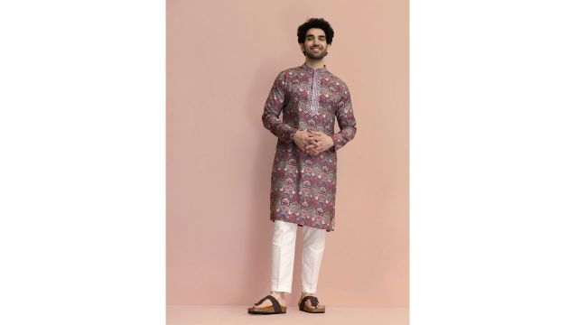 KISAH Men Ethnic Motifs Printed Mirror Work Cotton Kurta (Mauve/Black/Pink)