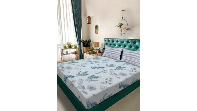 KLOTTHE Blue & Grey Floral 300 TC Bedsheet Set (King, Flat)