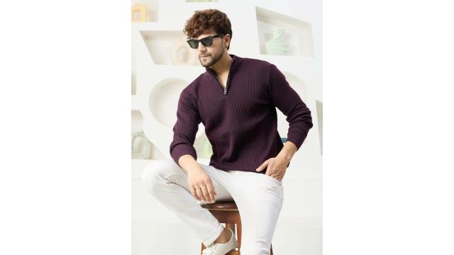 KVETOO Men Self Design High Neck Purple Sweater