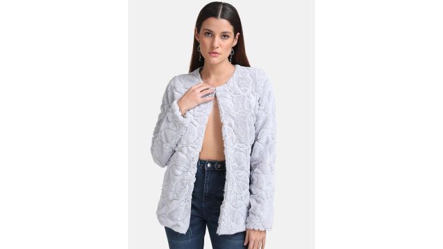 Kazo Women Grey Sequin Fur Open Front Jacket
