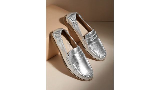 Kenneth Cole Women Leather Penny Loafers (Silver‑Toned)