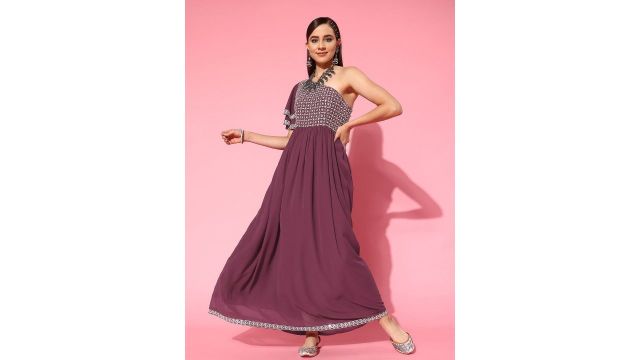 Libas Embellished Embroidered One Shoulder Flared Sleeves Georgette Maxi Dress