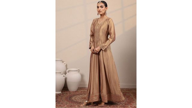Libas Embroidered Notch Neck Silk Zari Sequined A-Line Maxi Dress With Dupatta