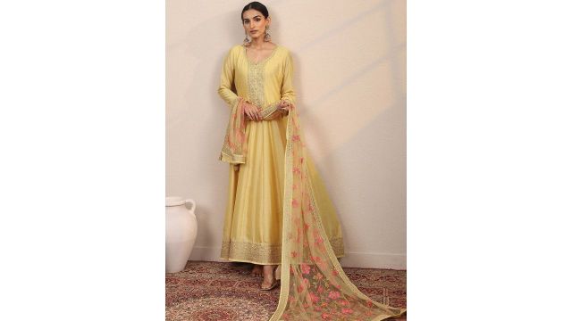 Libas Women Embroidered A-Line Maxi Ethnic Dress With Dupatta