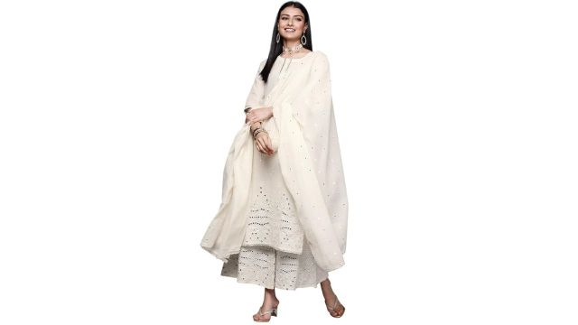 Libas Womens Embroidered Cotton Straight Kurta With Palazzos and Dupatta