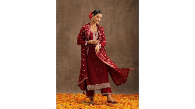 Libas Womens Embroidered Silk Blend Straight Kurta With Trousers and Dupatta