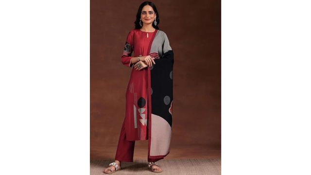 Libas Womens Printed Silk Blend Straight Kurta With Trousers and Dupatta