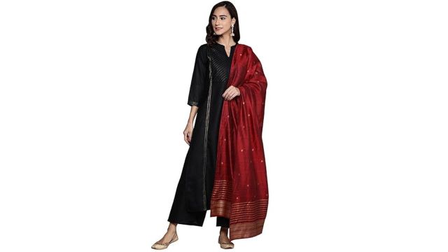 Libas Womens Solid Cotton Straight Kurta With Palazzos and Dupatta