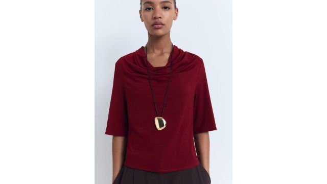 MANGO Cowl Neck Draped Top (Maroon)