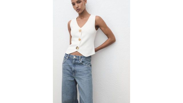 MANGO Knitted V‑Neck Waistcoat With Jewel Button Detail