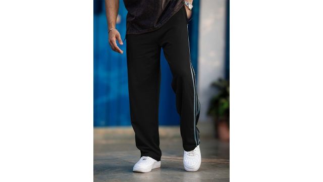 Maniac Men Cotton Relaxed Fit Side‑Stripes Track Pants (Black)