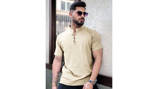 Maniac Men Henley Neck Pocket T‑Shirt (Beige, Oversized)